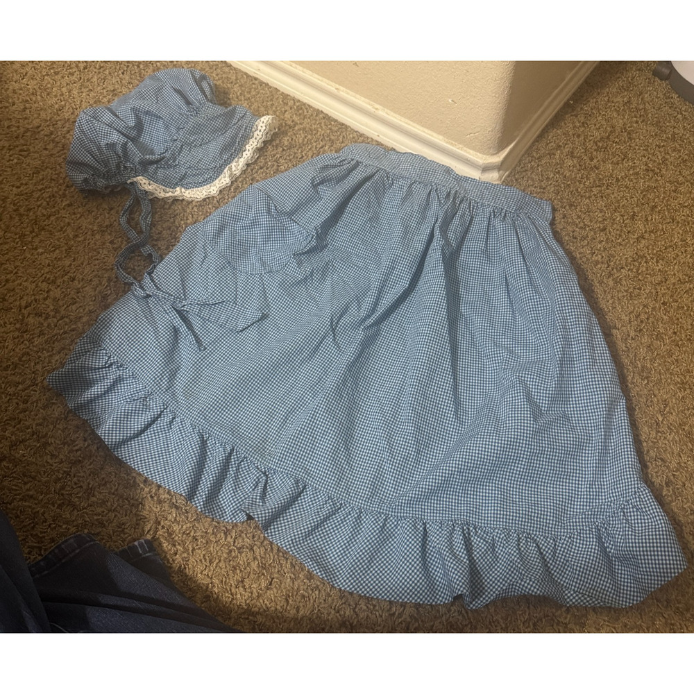 VTG Girls Prairie Bonnet & Apron blue gingham check Cottage Core Calico